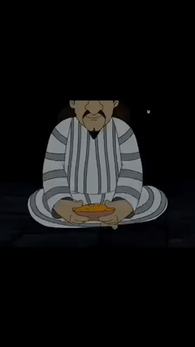 A Cartoon Character Is Sitting In A Lotus Position With His Hands Folded In Front Of Him . GIF