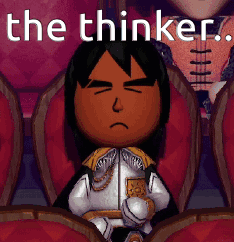 A Cartoon Character Is Sitting In A Row Of Red Chairs With The Words " The Thinker " Written Above Him GIF