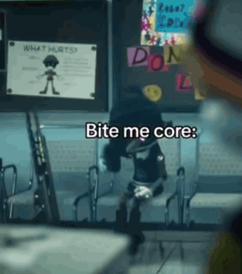 A Cartoon Character Is Sitting In A Waiting Room With A Sign That Says Bite Me Core GIF