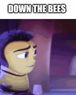 A Cartoon Character Is Sitting In Front Of A Computer Screen With The Words `` Down The Bees '' Written On It . GIF