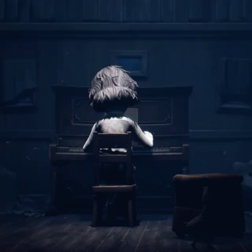 a cartoon character is sitting in front of a piano in a dark room