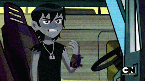 A Cartoon Character Is Sitting In The Driver 'S Seat Of A Car With The Cn Logo In The Corner . GIF