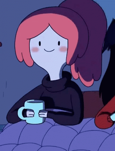 A Cartoon Character Is Sitting On A Bed Holding A Cup GIF
