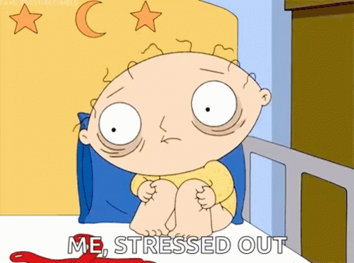 A Cartoon Character Is Sitting On A Bed With The Words " Me Stressed Out " Written On It GIF