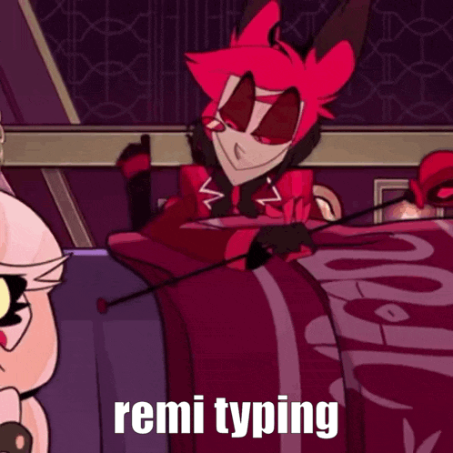 A Cartoon Character Is Sitting On A Bed With The Words Remi Typing Behind Him GIF