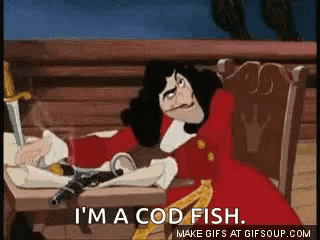 A Cartoon Character Is Sitting On A Bench And Says `` I 'M A Cod Fish '' . GIF