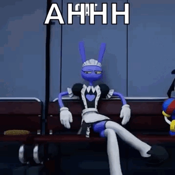 A Cartoon Character Is Sitting On A Bench Wearing A Maid Outfit And A Sign That Says Ahhh . GIF