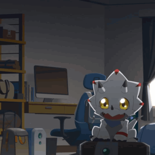 A Cartoon Character Is Sitting On A Chair With A Bag On It GIF