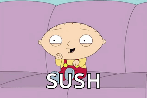 A Cartoon Character Is Sitting On A Couch And The Word Sush Is On The Screen GIF