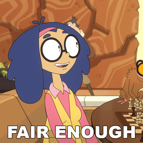 A Cartoon Character Is Sitting On A Couch Next To A Chess Board With The Words Fair Enough Above Her GIF