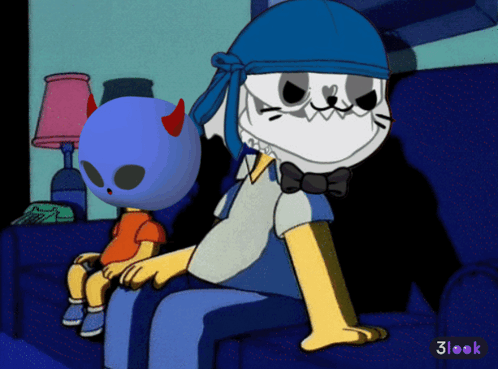 A Cartoon Character Is Sitting On A Couch Next To Another Character With A 3Look Sticker On The Bottom Right GIF