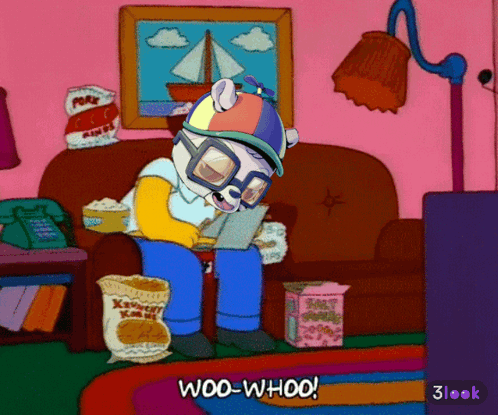 A Cartoon Character Is Sitting On A Couch With A Bag Of Popcorn And The Words Woo-Whoo On The Bottom GIF