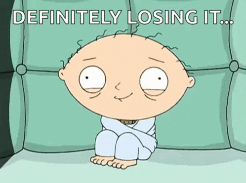 A Cartoon Character Is Sitting On A Couch With The Words " Definitely Losing It " Behind Him GIF