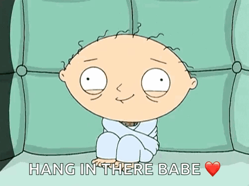 A Cartoon Character Is Sitting On A Couch With The Words " Hang In There Babe " Above Him GIF