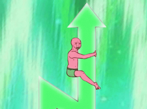 A Cartoon Character Is Sitting On A Green Arrow Pointing Upwards GIF