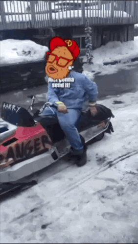 A Cartoon Character Is Sitting On A Snowmobile With The Words Just Gonna Send It GIF