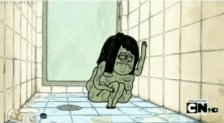 A Cartoon Character Is Sitting On A Tiled Floor In A Bathroom With A Drain . GIF