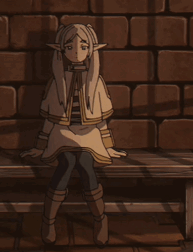 A Cartoon Character Is Sitting On A Wooden Bench In Front Of A Brick Wall GIF