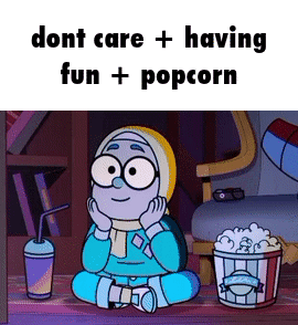 A Cartoon Character Is Sitting On The Floor Eating Popcorn And Drinking Soda . GIF