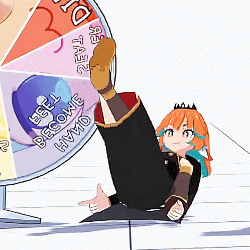 A Cartoon Character Is Sitting On The Floor Next To A Wheel That Says Become Owah On It GIF