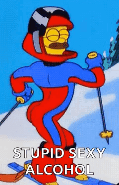 A Cartoon Character Is Skiing Down A Snow Covered Slope With The Words Stupid Sexy Alcohol Above Him GIF
