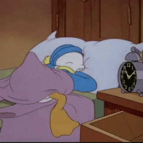 A Cartoon Character Is Sleeping On A Bed Next To An Alarm Clock That Shows The Time As 6:55 GIF