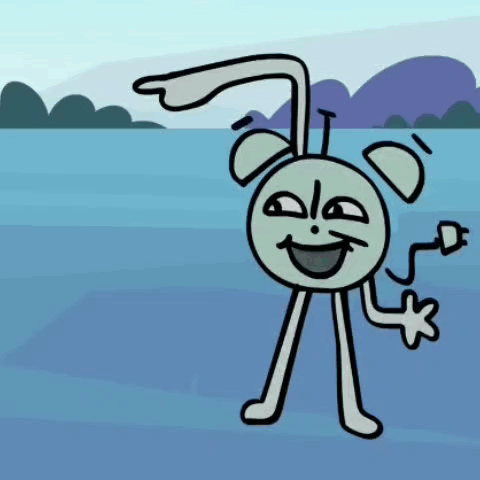 A Cartoon Character Is Smiling And Holding An Electric Plug In His Hand . GIF