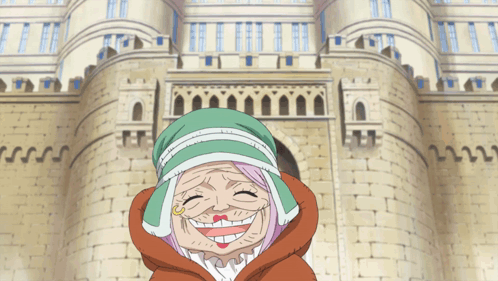 A Cartoon Character Is Smiling In Front Of A Large Brick Building GIF