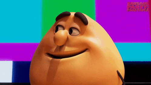 A Cartoon Character Is Smiling In Front Of A Screen That Says Sausage Party GIF