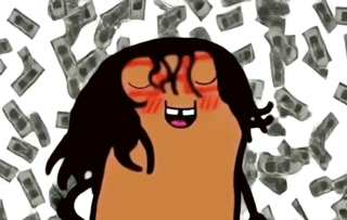 A Cartoon Character Is Smiling While Money Is Falling Around Her GIF