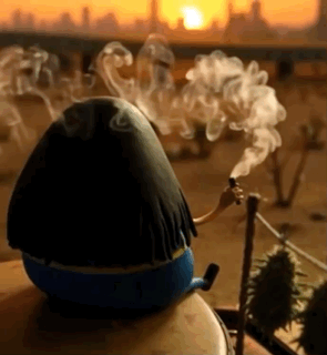 A Cartoon Character Is Smoking A Cigarette While Sitting On A Table . GIF