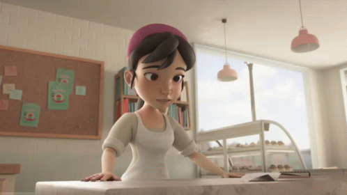 A Cartoon Character Is Standing At A Counter In A Store GIF
