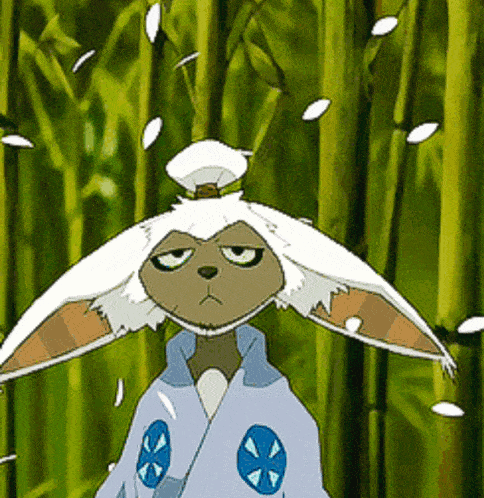 A Cartoon Character Is Standing In A Bamboo Forest With Petals Falling From The Trees GIF