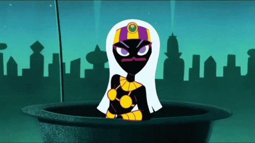 A Cartoon Character Is Standing In A Bucket With Buildings In The Background GIF