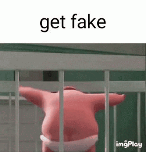 A Cartoon Character Is Standing In A Cage With The Words `` Get Fake '' . GIF