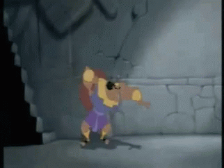 A Cartoon Character Is Standing In A Dark Room Holding A Large Object . GIF