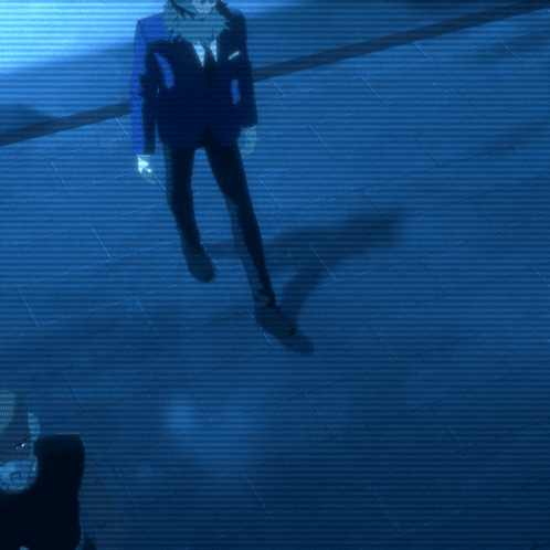 A Cartoon Character Is Standing In A Dark Room With A Blue Background GIF