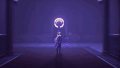 A Cartoon Character Is Standing In A Dark Room With A Purple Light Coming Out Of Her Face . GIF