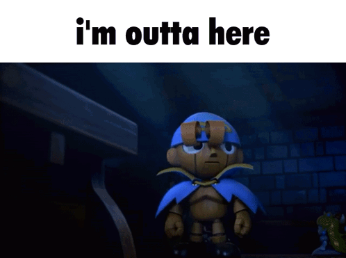 A Cartoon Character Is Standing In A Dark Room With The Words " I 'M Outta Here " Below Him GIF