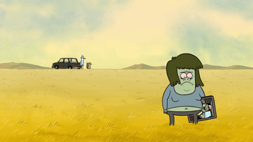 A Cartoon Character Is Standing In A Field Holding A Picture Of Himself GIF