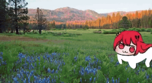 A Cartoon Character Is Standing In A Field Of Flowers GIF