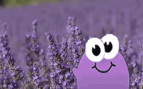 A Cartoon Character Is Standing In A Field Of Lavender Flowers GIF