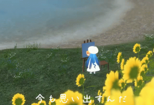 A Cartoon Character Is Standing In A Field Of Sunflowers Painting A Picture GIF