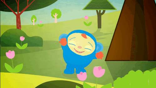 A Cartoon Character Is Standing In A Field With Pink Flowers GIF