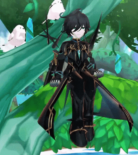 A Cartoon Character Is Standing In A Forest With A Sword In His Hand GIF