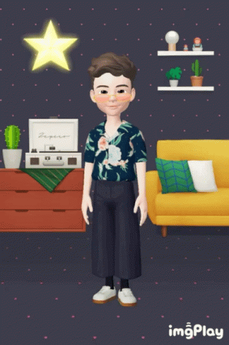 a cartoon character is standing in a living room with a yellow couch and a star above him