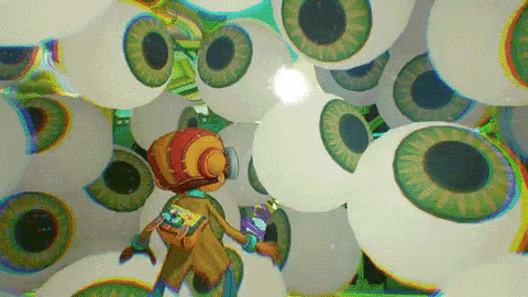 A Cartoon Character Is Standing In A Room Surrounded By Giant Eyes . GIF