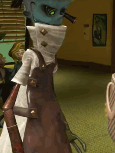 A Cartoon Character Is Standing In A Room With A Picture On The Wall Behind Him GIF