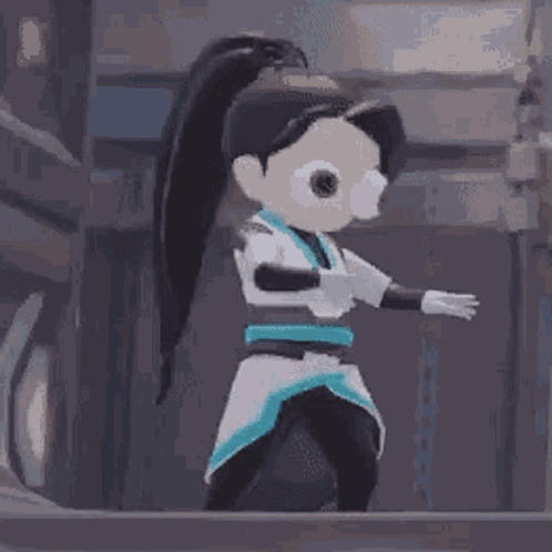 A Cartoon Character Is Standing In A Room With A Ponytail And A Big Eye . GIF