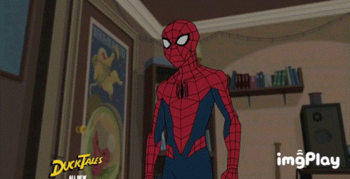 A Cartoon Character Is Standing In A Room With A Sign That Says Dukktales All New GIF